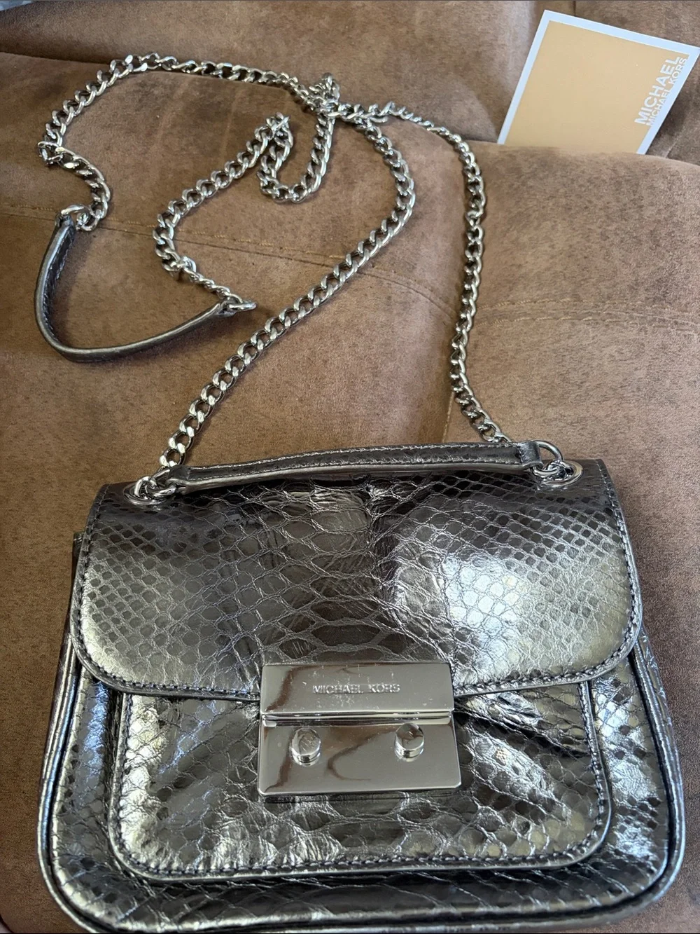 Michael Kors Silver Metallic Snake-Embossed Crossbody Bag NWOT